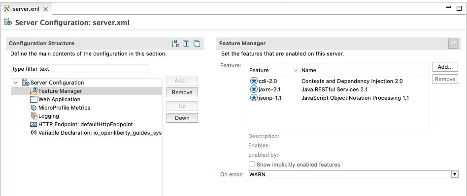 Liberty Developer Tools server configuration view for the Eclipse IDE